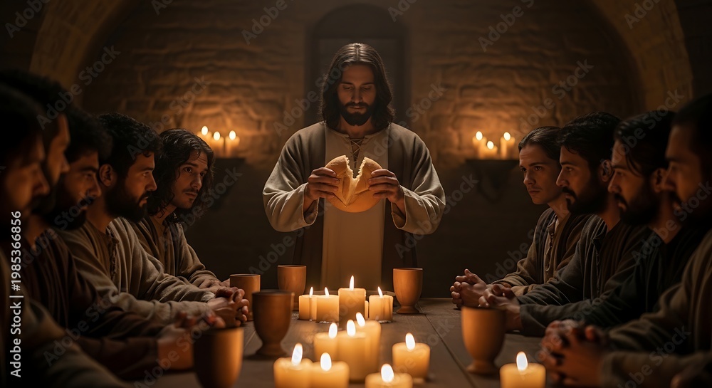 Jesus Christ Breaking Bread with Disciples. Stock Photo | Adobe Stock