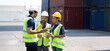 © NVB Stocker - Ethnic diversity worker people, Success teamwork. Group of professional engineering people wearing hardhat safety helmet meeting and working with digital teblet.