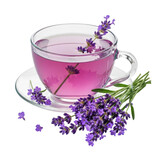 Lavender tea in a glass cup with fresh lavender sprigs