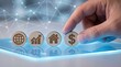 © Gibster - Financial protection life insurance service online health concept with wooden icons and hand on digital tablet
