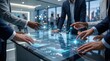 © Jie - Business team analyzing financial data on futuristic holographic interface in modern office digital transformation corporate strategy innovation teamwork growth analytics