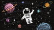 © ssstocker - Astronaut outer space. Child chalk drawing cosmonaut kid crayon hand drawn spaceman planets galaxy stars spacewalk discovery school blackboard doodle pencil art vector illustration