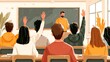 © PeopleWorker - Flat Illustration of Classroom with Students Raising Hands During Lesson
