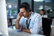 © peopleimages.com - Headset, support and stress with man in call center for frustration, problem solving or solution. Burnout, computer and consulting with person in customer service for anxiety, fail or headache