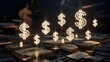 © Graphic - Multiple glowing dollar symbols hovering over circuit boards. Cloud computing finance and digital asset management. Golden currency icons floating above server hardware in a data center