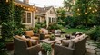 © SimpleLife Stock - Cozy backyard patio with string lights and comfortable seating for evening relaxation