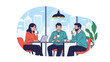 © Creative Craftr - Group of diverse colleagues or friends enjoying coffee and casual conversation while sitting at a table in a modern cafe with city views.