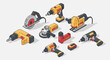 © karina - A collection of isometric power tools, including drills, saws, and grinders