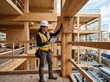 © Alex - Female construction worker in safety gear examines plans on a tablet while standing beside a wooden beam in a partially constructed building site