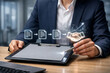 © PixelMasters - Manager in formal business attire analyzes a floating digital chart and sequential process icons projected above a solid black clipboard held in two steady human hands.