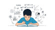 © ChantalChmielewska - Young boy deeply focused on studying from a book surrounded by complex mathematical formulas and scientific diagrams.