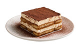 Layered tiramisu dessert dusted with cocoa powder on a plate, isolated on transparent background