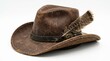 © Влада Яковенко - A brown leather cowboy hat with a feather isolated on a white background, rugged western headwear with worn texture and frontier adventure spirit, ultra-realistic, no logos.