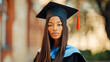 © Mary - Confident graduate in cap and gown posing outdoors on campus during commencement.
