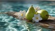 © StudioFF - Floating Pears and Flowers on Blue Water / 青い水面に浮かぶ梨と花