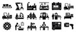 © Sophia - Manufacturing industry production process icons set depicting factory automation, assembly line workers, machinery, and logistics operations.