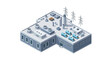 © Tumini - Isometric view of a modern industrial factory building with cooling towers and power lines, symbolizing production and energy infrastructure