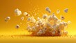 © RosCreative - Explosion of fluffy white popcorn kernels bursting outwards against a vibrant yellow background creating a dynamic and energetic food motion effect with scattered crumbs in bright studio lighting