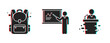 © supplement - School backpack next to instructor presenting at classroom. Glitch effect