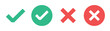 © SpainArts - Check mark and cross icon set on transparent background, green approval and red cancel symbols, circle and plain variants, yes and no signs for interface, voting, feedback, web, app, validation design