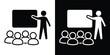 © bibin - Vector icon of a presenter at a board with a small audience. Symbols of education, corporate training, seminars, and workshops. Features clean silhouettes for teaching and learning contexts.