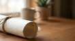 © Yuliia - Rolled parchment paper scroll tied with natural twine rope on wooden table surface with blurred coffee mug and plant pot in cozy home interior background.