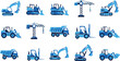 © MdSobuj - Construction vehicles and heavy equipment vector set with excavators, cranes, loaders and dump trucks, industrial machinery illustration collection