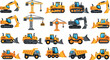 © MdSobuj - Construction vehicles and heavy machinery vector set with excavators, bulldozers, cranes, loaders and dump trucks, industrial equipment illustration