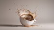 © mediavn - High-speed photograph freezes the precise moment a glass filled with coffee explodes, creating a dynamic and symmetric cloud of shards and liquid droplets against a dark background.