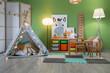 © Pixel-Shot - Interior of children's room with play tent, toys and glowing lamps in evening