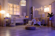 © Pixel-Shot - Interior of children's room with crib, sofa and glowing lamps at night