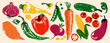 © Yelyzaveta - Fresh vegetables. Organic farm food, tomato bell pepper carrot eggplant cucumber green peas onion potato, vintage vegetable collection risograph linocut print. Vector abstract set