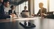 © Watcharapong - Modern Smartphone on a conference table On Conference Table Startup Brainstorming Session in a modern office, Contemporary Office