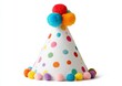 © Mst - White background, polka dot birthday hat with rainbow colored dots and colorful pom poms on top.