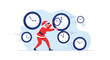 © Danish - Stressed Christmas elf in a red suit trying to stop or push back giant clocks during a busy holiday deadline.