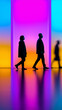 © Curioso.Photography - Silhouettes of people walking in modern corridor with blue and orange illuminated panels, representing urban lifestyle, movement and contemporary architecture concept.