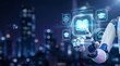 © Ada - AI Education and Digital Learning Concept with Robotic Hand Touching Holographic Interface over Futuristic City