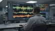 © Justlight - Technician monitoring seismic activity on a screen measuring earthquake parameters while the environment behind remains blurred for emphasis.