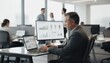 © Justlight - Medium shot centered on a professional reviewing healthcare investment performance dashboards showing patient outcomes with faintly blurred coworkers nearby.