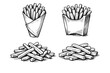 © MD - Hand-drawn French fries vector illustration set in a vintage black and white sketch style, featuring potato chips in a paper cone, cardboard box, and scattered piles for fast food menu design.