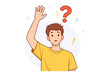 © Sanjit - Young Caucasian Man Raising Hand to Ask a Question with Red Question Mark and Exclamation Points, Flat Vector Illustration of Curious Student or Employee Seeking Information, Help, or Clarity.