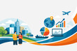 © Sanjit - Modern Creative Brochure Cover Template for Annual Report and Company Profile featuring Business People, Cityscape, Global Logistics, Financial Data Charts, and Technology Icons Vector Design.