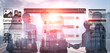 © InfiniteFlow - This image features silhouettes of business professionals engaging in digital collaboration, showcasing AI interaction and modern technology against an urban skyline backdrop. Ledger