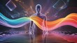 © Sofia - Man meditating in water, surrounded by colorful abstract energy waves and glowing geometric shapes, representing consciousness and mindfulness