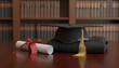 © antuanetto - Black academic cap and gown with a rolled diploma on a wooden table in a library for a graduation ceremony and student success concept celebrating university achievement