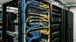© Justlight - Medium shot highlighting network cables feeding into pension fund data center racks sharp focus on cable terminations and connectors relaxed focus on server units behind.