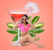 © New Africa - Beautiful woman in swimsuit sitting next to glass of cocktail against coral background