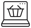 © Elva - Online shopping vector icon illustration featuring a laptop computer with a shopping basket on the screen, representing e-commerce, digital retail, and internet marketplace business concepts.
