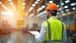 © Viktor - Safety inspector in hard hat and vest holds clipboard, reviewing operations. Man checks production in industrial factory, looking at equipment. Overseeing quality control process.