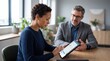 © Justlight - Medium shot highlighting client using online portal on tablet to complete investment subscription blurred advisor in supportive posture.